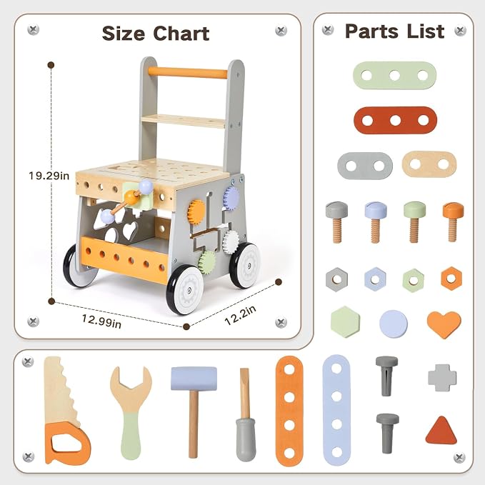 labebe Wooden Baby Walker, Baby Push Walker, Tool Toy for Toddlers, Adjustable Speed Baby Walker with Wheel, Learning Activity Walker for Girls Boys