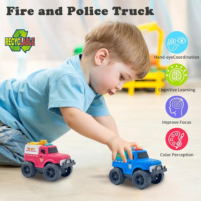 Aigitoy 2 Pack Toddler Cars for 1-3 Years, Police & Fire Truck Set | Construction Vehicles, NO BPA, Phthalates, PVC, Recycled Plastic Toy, 18M+ Outdoor Toys, Xmas Birthday Gift for Boys Girls