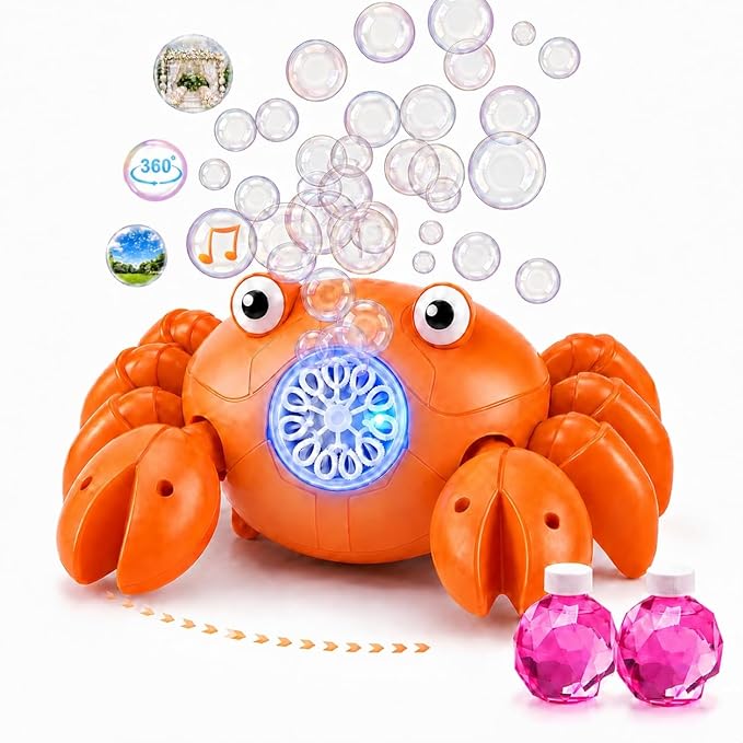 Rechargeable Bubble Machine for Kids, 360° Rotating Crawling Crab 10000+ Bubbles/Min with Music & LED, Automatic Obstacle Avoidance Bubble Maker Toy for Outdoor Garden Parties Birthday Gift