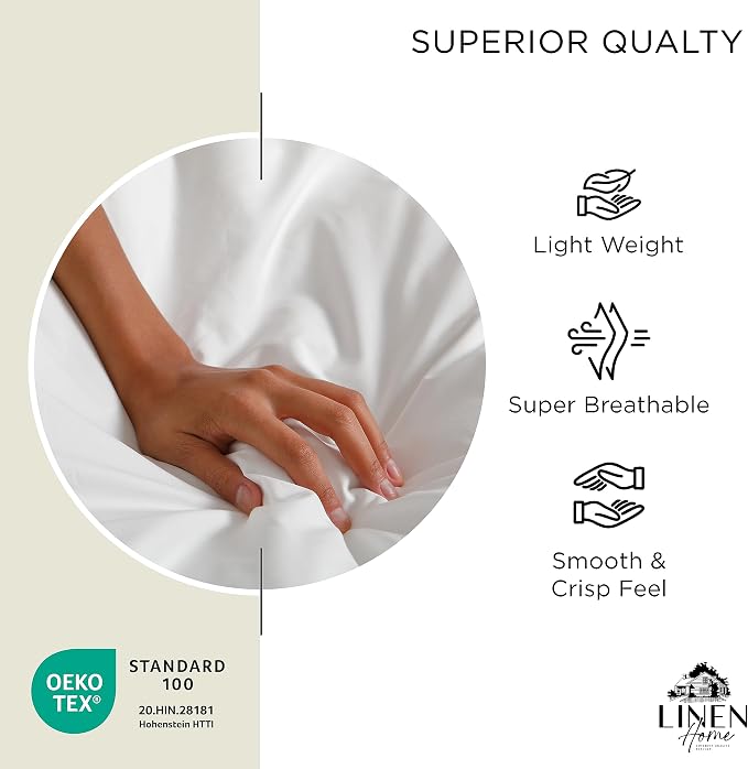 Linen Home 100% Cotton Percale Sheets Twin XL Size, Cream, Deep Pocket, 3 Pieces Set- 1 Flat, 1 Fitted and 1 Pillowcase, Crisp Cool and Long Staple Strong Bed Linen