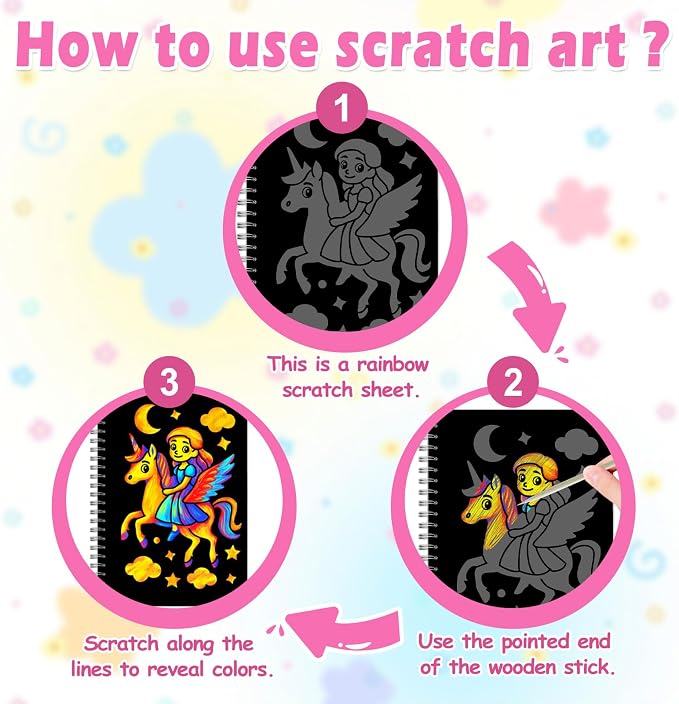 4-in-1 Princess Unicorn Craft Kit for Girls Ages 4-8, Foil Art, Scratch Art, Watercolor Painting & Coloring Activities, Creative DIY Arts and Crafts Set, Travel Activity for Home and Road Trips