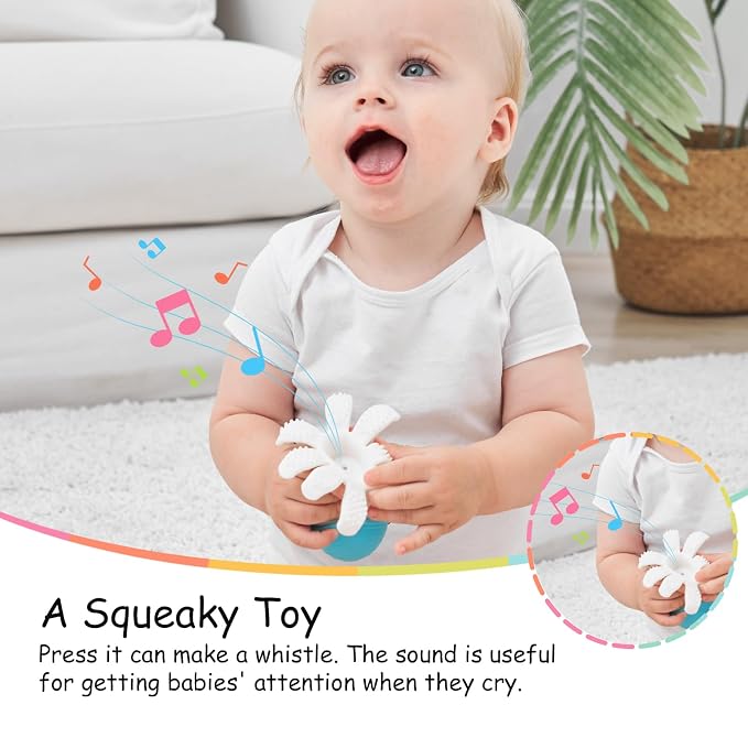 Teething Toys 3-6 Months, Mombella Octopus Teethers for Babies 6-12 Months, Soft Silicone Baby Teething Toys 12-18 Month Old, Baby Chew Toys, Squeaky Infant Teether Toys, Easy to Hold, Blue