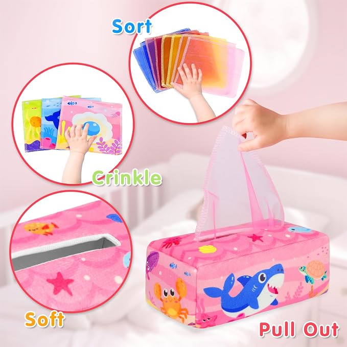 Baby Tissue Box Toy - Baby Girl Toys Montessori Toys for Babies 6-12 Months - Soft Stuffed High Contrast Crinkle Infant Sensory Toy 6 7 8 9 10 11 12 Months Old Gifts Pink