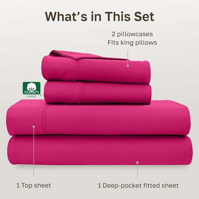 California Design Den Soft King Size 100% Cotton Sheet Sets, 400 Thread Count Good Housekeeping Award Winner, Silky Sateen Weave with Deep Pockets, Long Staple Cotton King Bed Sheet Set - Hot Pink