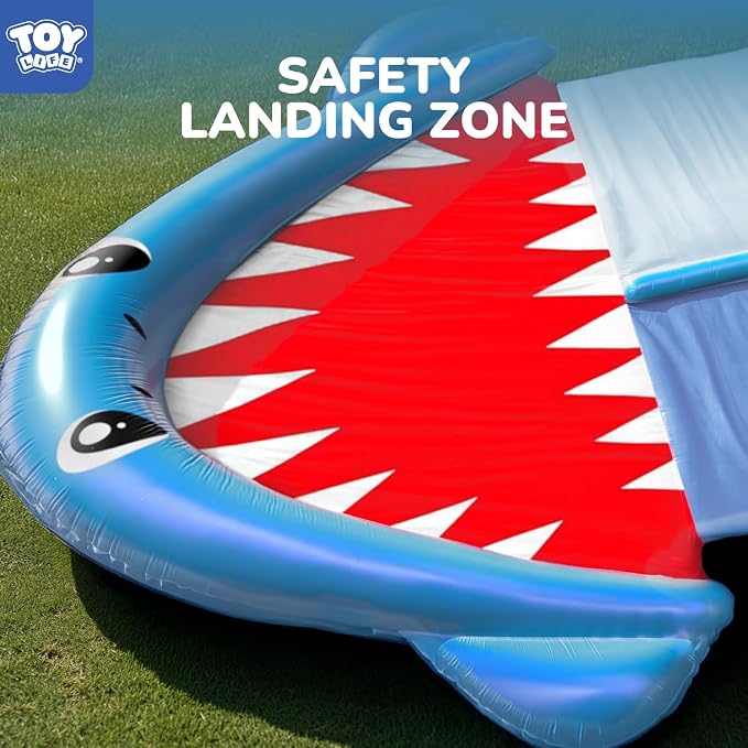 TOY Life Giant Shark Water Slides for Kids 20Ft Waterslide Backyards Lawn with 2 Bodyboards, 2 Lane Slip Splash and Slide Summer Toys with Built-in Sprinkler for Backyard Outdoor Shark Water Toys Fun