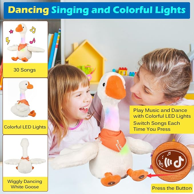 Marsjoy 13" Talking Dancing Goose Swan Stuffed Animal Repeating What You Say Mimicking Recording Plush Baby Toy Musical English Song Singing Glowing Animated Twisting Gift Toy for Boy Kid