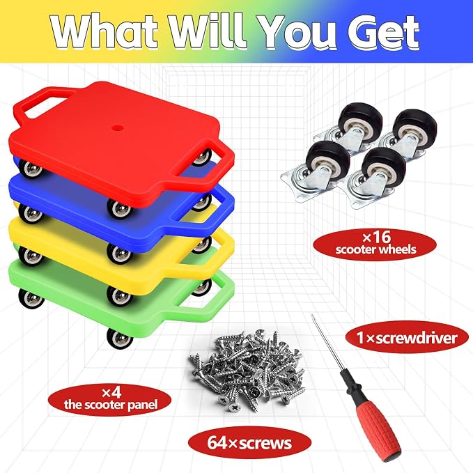 4 Pcs Sports Scooter Board with Handles for Kids Non-Marring Plastic Casters Floor Scooter Board Sitting Scooter Board Boy Girl Gym Indoor Outdoor Activities Play Equipment