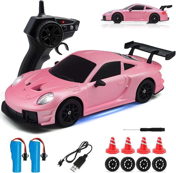 RC Drift Car, 1:24 4WD Remote Control Cars Vehicle with LED Light,2.4GHz 20KM/H High Speed RC Cars with Two Batteries & Drifting Tires Racing Sport Toy for Adults Boys Girls Kids Pink
