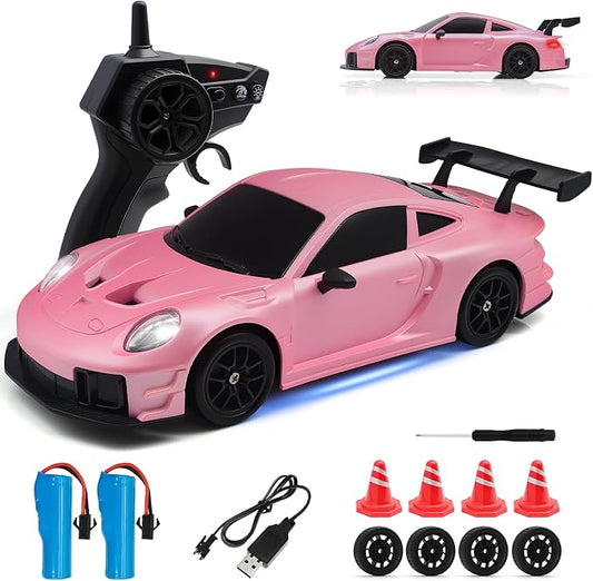 RC Drift Car, 1:24 4WD Remote Control Cars Vehicle with LED Light,2.4GHz 20KM/H High Speed RC Cars with Two Batteries & Drifting Tires Racing Sport Toy for Adults Boys Girls Kids Pink