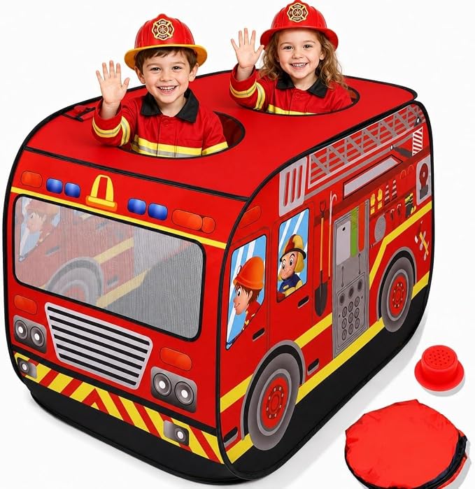Playbees Musical Fire Truck Pop Up Play Tent with 3 Openings - Role Play Firefighter Tent - Sirens & Fireman Sounds - Indoor Outdoor - Red Fire Engine Playhouse Vehicle Toys - Ideal Play, Gift, Prop