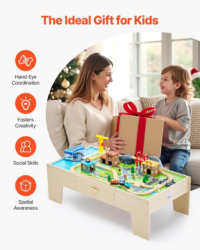 VEVOR Train Table, 62 Multicolor Pieces Wooden Kids Activity Table with Large Storage Drawer, 3-in-1 Wooden Train Set for Playing, Drawing, Reading, Eating, Creative Toy Set for Kids Ages 3+