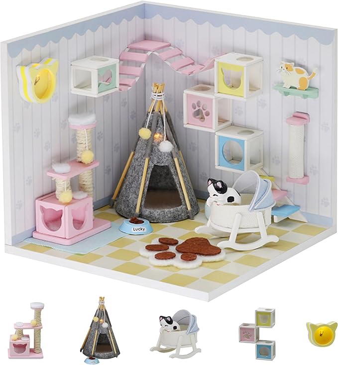 Kisoy Dollhouse Miniature with Furniture Kit, DIY 3D Wooden DIY House Kit A Corner of a Small Apartment Style with Dust Cover & LED,Handmade Tiny House Toys for Gift of Teens and Adults(Pet Room)