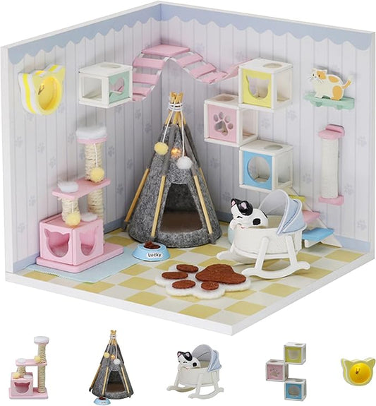 Kisoy Dollhouse Miniature with Furniture Kit, DIY 3D Wooden DIY House Kit A Corner of a Small Apartment Style with Dust Cover & LED,Handmade Tiny House Toys for Gift of Teens and Adults(Pet Room)