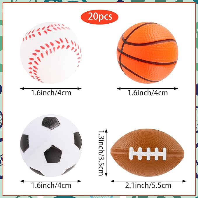 Mini Sport Stress Ball 20 Packs Sport Party Supplies Small Foam Anxious Toy Baseball Basketball Football Soccer Stress Ball for Kids School Carnival Reward Sport Party Decorations