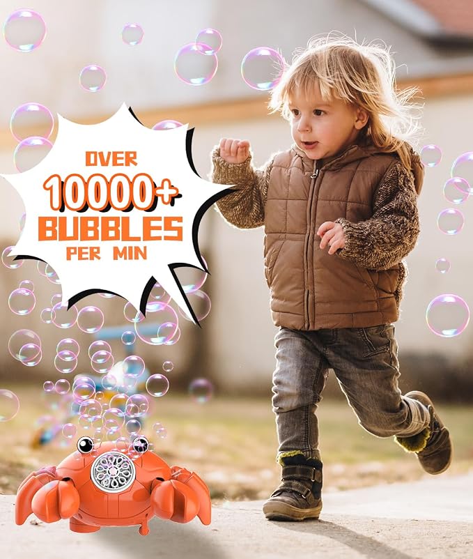 360° Crawling Crab Bubble Macine, Obstacle Avoidance, Music & LED Light | USB-C Rechargeable Tummy Time Toy, 3 Separate Buttons Control Bubbles, Movement & Music, Gift for 3+ Toddlers, Boys, Girls