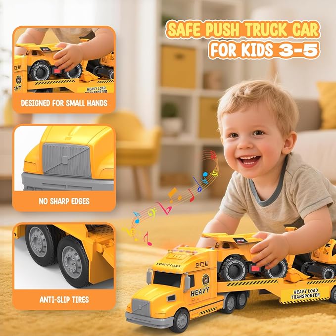 Toddler Toys for 3 4 5 6 Year Old Boys - 27" Large Semi Construction Carrier Truck Toy with Excavator and Dump Truck, 3-in-1 Friction Powered Transport Vehicle with Lights Sounds, Gifts for Boys