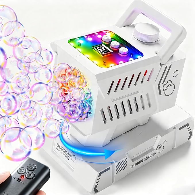 Bubble Machine Remote Control,Auto Rotation & 11 RGB Lights | 1800mAh Rechargeable Battery/USB-C Charging,Top-Fill Portable Bubble Maker for Kids Birthday Party Wedding Pool Outdoor
