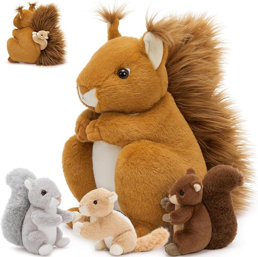 MaoGoLan 4Pcs Squirrel Plush Toys with 3 Baby Squirrels, Realistic Mother Squirrel Stuffed Animal Set, Soft Brown Woodland Animal Plushie Gift for Kids, Girls, Boys & Forest Animal Lovers