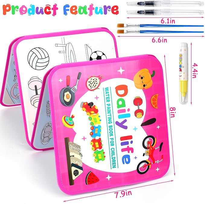 Vodolo Water Painting Book for Toddlers - 2 Pack Reusable Magic Water Coloring Book with 4 Water Pen 2 Brush - Mess Free Painting for Toddlers,No Mess Paint Coloring for Ages 3+ Travel Activity Toys