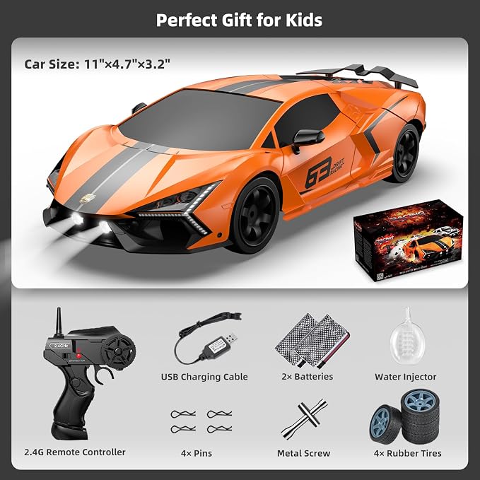 RC Drift Car, Drifting RC Car 2.4GHz 1:16 Remote Control Cars 4WD High Speed Racing Vehicle with LED Lights Two Batteries and Drifting Tires Sport Toy Cars for Adults Boys Girls Kids Orange