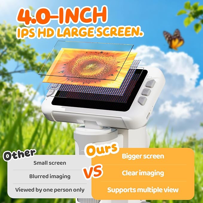 1600X Microscope for Kids, 1080P 4.0" Digital Screen Kids Microscopes with Slides Kit, Educational Science Toys for Christmas Birthday Gifts for 3-14 Year Old Children Students