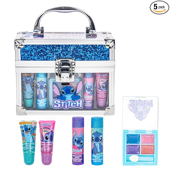 Disney Stitch Beauty Mini Train Case Set Includes Lip Gloss Tube, Lip Balm, Lip Gloss Compact for Girls Parties, Sleepovers by Townley Girl