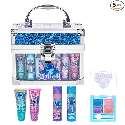 Disney Stitch Beauty Mini Train Case Set Includes Lip Gloss Tube, Lip Balm, Lip Gloss Compact for Girls Parties, Sleepovers by Townley Girl