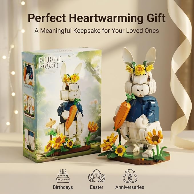 Wonderland Bunny Building Blocks Set, Compatible with Lego Flowers, Creator Cute Rabbit Toys with Carrot & Sunflower Display Base Creative Gift for Adults Home & Office Desk Decor (1258PCS)