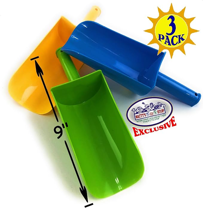 Matty's Toy Stop 9" Kids Short Handle Sand Scoop Plastic Shovels for Sand & Beach (Yellow, Blue & Green) Gift Set Bundle - 3 Pack