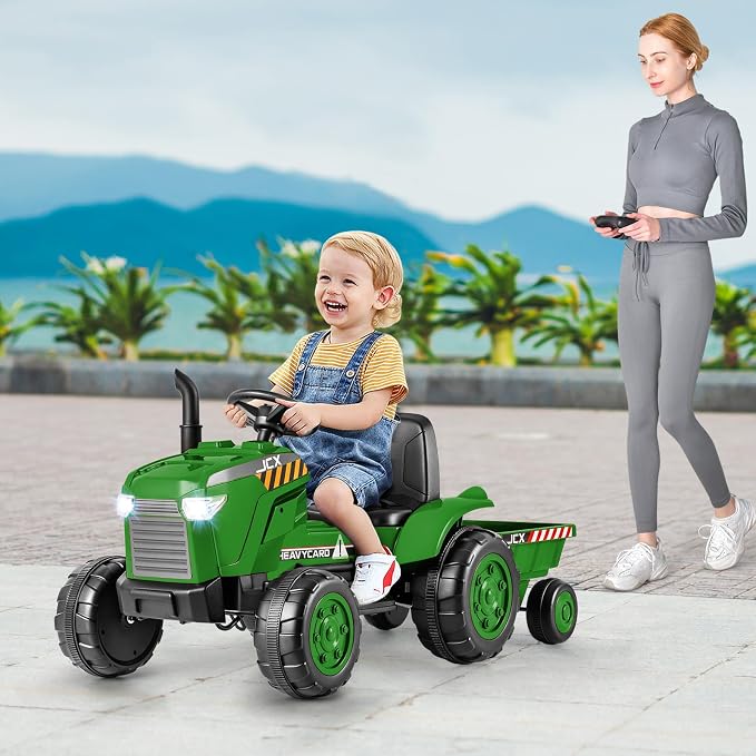 Costzon 2-in-1 Ride on Tractor, 12V Kids Ride on Car w/Detachable Trailer, Remote Control, Wireless Connection, Horn, Music/Lights/Spring Suspensions, Tractor Toys for Kids (Plastic Tires, Dark Green)