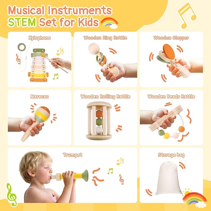 Wooden Musical Instruments for Toddlers 2+ Year Old Montessori Xylophone Maracas Clapper Rattles Trumpet Baby Musical Toys with Storage Bag Gifts for Boys Girls