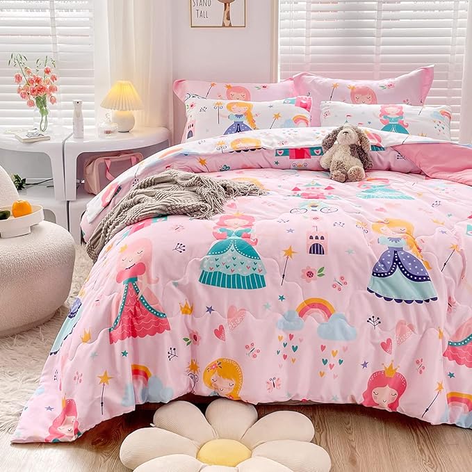 Wajade Kids Pink Princess Comforter Set Bed in a Bag Twin Size 7 Piece Princess Fairy Tales Castle Bedding Set for Girls (1 Comforter, 1 Flat Sheet, 1 Fitted Sheet, 2 Pillowcase and 2 Pillow Sham)