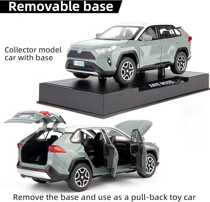 WAKAKAC Model Car 1/32 RAV4 Alloy Diecast Collectible Toy Car with Light and Sound Toy Vehicle Door Can Be Opened for Boys Kids Toddler Gift (Gray)