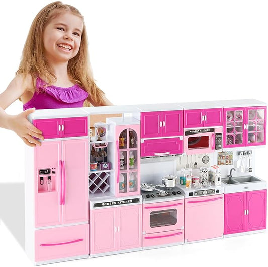 SOCBTNSO 64 PCS Pink Kitchen Toys with Lights Sounds|Mini Kitchen House Furniture Sets for Kids Ages 4-8|Doll Playset Toys for Toddlers 3-5|Birthday Gifts for 3 4 5 6 7 8 Old Girls