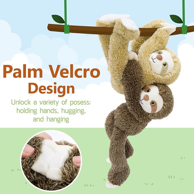 MorisMos 3Pcs Hanging Sloth Stuffed Animal, 16" Three Toed Sloth Plush Toy with Long Hands – Wearable & Huggable, Soft Cuddly Sloth Plushies for Home Decor, Christmas Birthday Gift for Kids Adults