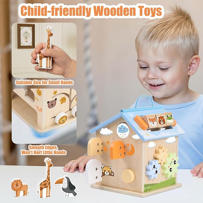 Wooden Activity Cube Montessori Toys for 6 Months Old 1 2 3 Years Toddlers Boys Girls 8-in-1 Baby Activity Center Birthday Gifts Shape Sorter Educational Learning Wood Cube