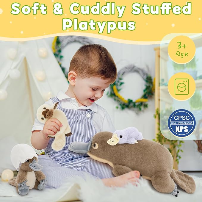 Tezituor 21" Platypus Stuffed Animal with 3 Babies & 2 Eggs, Cute Realistic Platypus Plush Toys for Kids, Christmas, Easter, Valentines, Birthday, Party Decorations