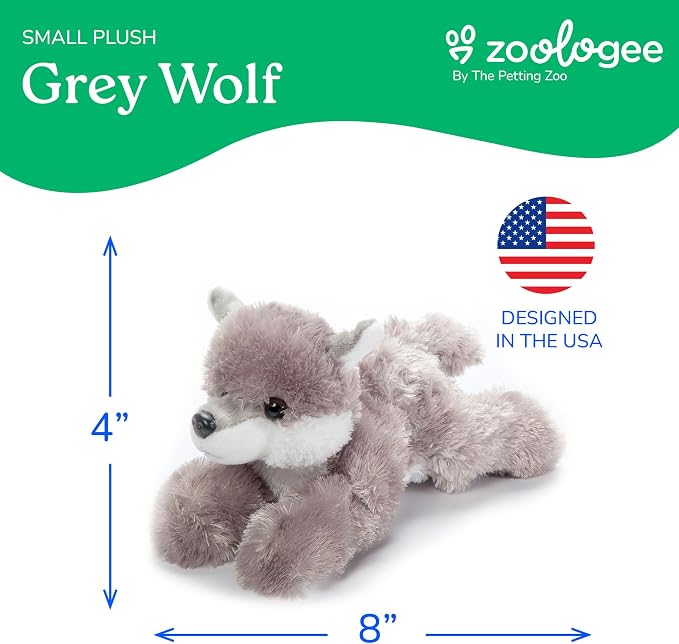 The Petting Zoo Grey Wolf Stuffed Animal Plushie, Gifts for Kids, Scoopz Wildlife Animals, Wolf Plush Toy, 8 inches