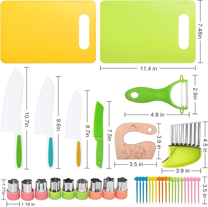 46 PCS Kids Knife Set, Toddler Knifes for Real Cooking, Montessori Kitchen Toys with Cutting Board Crinkle Cutters Kid Safe Knives, Birthday Xmas Gift for Girls Boys