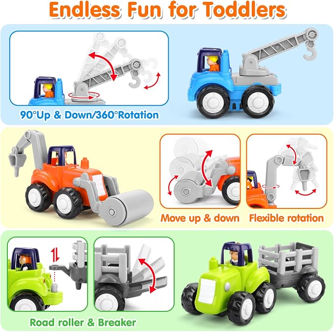 ORWINE Inertia Trucks Toy Cars, Early Educational Baby Boy Toys 18 Months, Push and Go Cars Gifts for Boys & Grils, 4PCS Construction Vehicles for Toddler Outdoor & Indoor