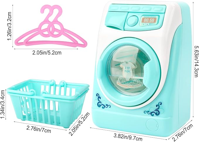 deAO Washing Machine Toy for Kids Dollhouse Furniture Pretend Play Household Appliance Realistic Sounds with Lights Laundry Play Set with Rotatable Roller for Boys Girls