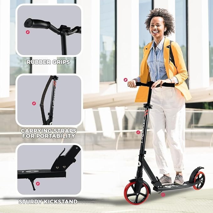 LaScoota Kick Scooter for Kids Ages 6+, Teens & Adults, Large 8" Sturdy Urethane Wheels. Adjustable Handlebar, Lightweight, Foldable, 220lbs Max Load