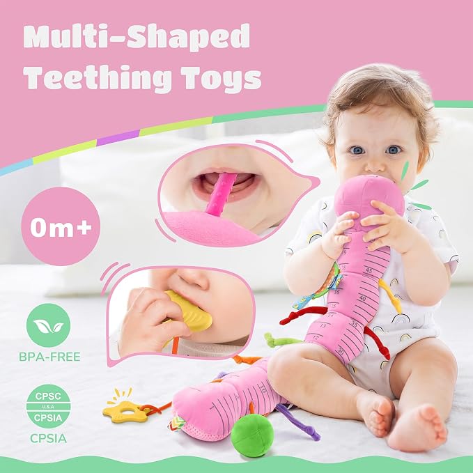 AWOTOY Baby Sensory Toys Music Caterpillar Plush Infant Toys 0 6 12 Months | Stuffed Animals Tummy Time Teething Toys with Mirror Pull String Rattle Baby Toys for Newborn Boy Girl Shower Birthday Gifts