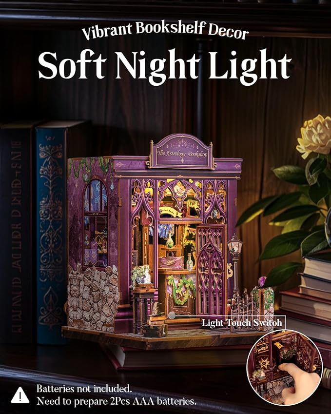 Cutefun Book Nook Kit - DIY Miniature Dollhouse Booknook Kit for Adults and Teens, 3D Wooden Puzzle Bookshelf Insert Decor with LED Light, Gifts for Book Lovers and Beginners (The Astrology Bookshop)