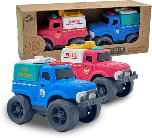 Aigitoy 2 Pack Toddler Cars for 1-3 Years, Police & Fire Truck Set | Construction Vehicles, NO BPA, Phthalates, PVC, Recycled Plastic Toy, 18M+ Outdoor Toys, Xmas Birthday Gift for Boys Girls