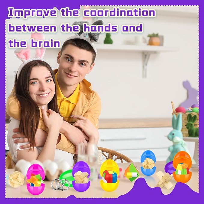 48 Pcs Prefilled Easter Eggs with Mini Brain Teaser Puzzles Metal Buckle Metal Puzzles Plastic 3D Puzzle Game forEgg Hunts Party Favors Easter Basket Stuffers