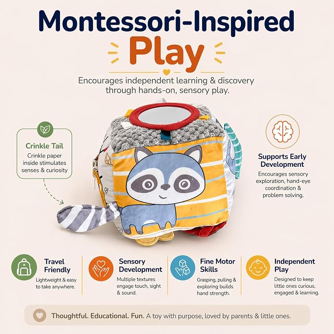 Baby Activity Cube Toy 8-in-1 for Babies 6-12 Months | Montessori Sensory Cube with Mirror, Teether, Crinkle Textures & Fine Motor Activities | Soft Busy Cube Toy for Toddler