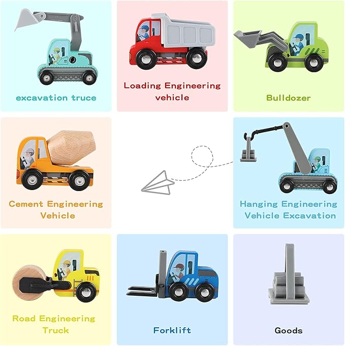 umu® Construction Toy Cars 7 PCS Wooden Kids Mini Vehicles for Toddlers, Compatible to Thomas Train Toys Railway and Major Brands, Best for 3 to 5 Year Old Boys and Girls