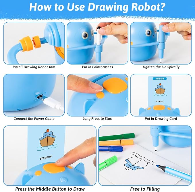 Drawing Robot for Kids with Music, Interactive Educational Drawing Machine with 100 Drawing Cards & 16 Color Pens, Magic Painting Learning Toy Gift for Girls and Boys Age 3 4 5 6 7 8