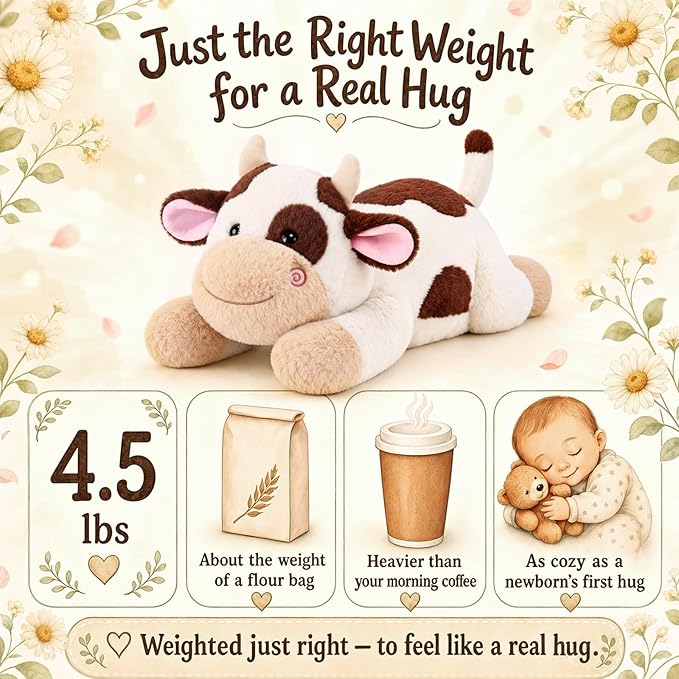 gnomantic Cow Weighted Stuffed Animals - 22 Inch 4.5 Pounds Weighted Plushies Cow Stuffed Animals - Big Plush Pillow - Cute Plush Toys Gifts for Kids & Adults (22" 4.5 lbs Brown)